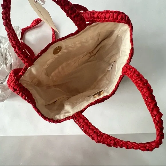 New Universal Thread Spritz Tote Bag Red Woven Paper Straw Crochet Purse Raffia - Picture 9 of 11